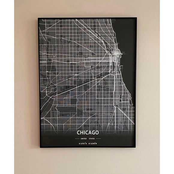 Art Mural Carte de la Ville de Chicago avec Cadre