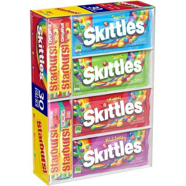 Skittles and Starburst Fruity Candy Variety Box, 30 Single Packs