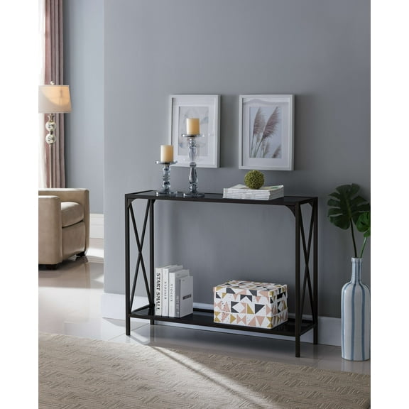 Kings Brand Furniture Modern Console Table with Storage Shelf, Pewter/Black Glass
