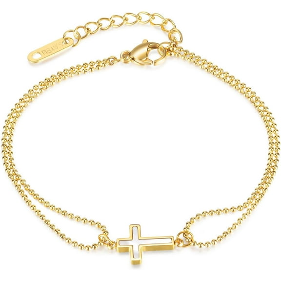 14K Gold Plated Bracelet for Women | Double Layered Chain with Cross Pendant | Elegant & Sustainable Gold Jewelry
