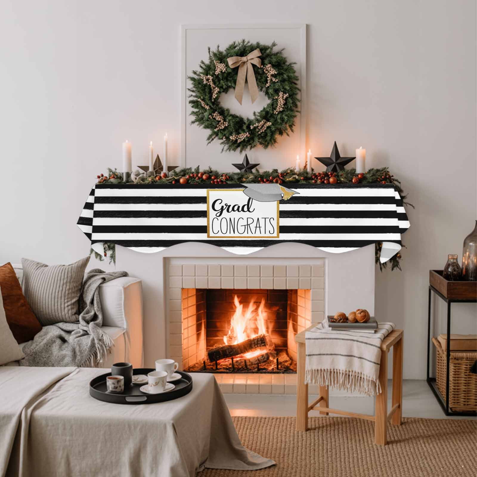 Graduation Trencher Cap Fireplace Mantel Scarf Table Runner, Farmhouse White Black Horizontal Stripes Winter Garland Mantel Top Tablerunners Dresser Scarves Cover Decor for Party Living Room 60"x17"