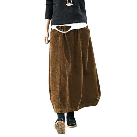 UJNDER Women's Skirt Autumn Winter Cord Vintage Midi Long Female Elastic Waist A Line Pleated Comfortable Coffee L