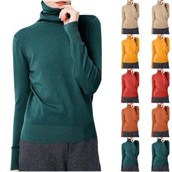ATOYSOY Women's Outwear Solid Color Pullover Knitted Sweaters Slim Basic Tops Long Sleeve Tees Fall Winter High Neck Sweatshirts Fashion Casual Cotton Shirts Green L
