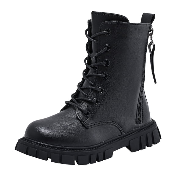 Wdgfv Kids Girls Black Patent Leather Platform Combat Boots Fashion Side Zipper Wide Toe Lace Up Sole High Top Motorcycle Boots 4.5-5 Years