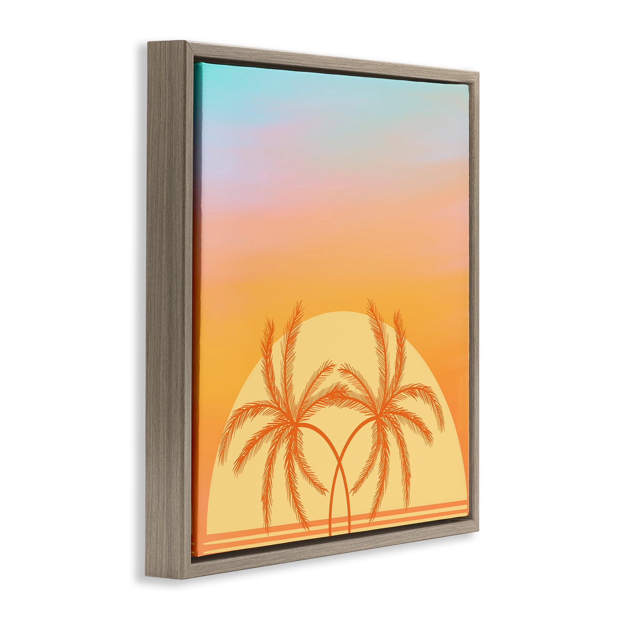 Stupell Industries Retro Sunset Palm Trees Plants & Flowers Painting Brown Floater Framed Canvas Art Print Wall Art, 18 x 18