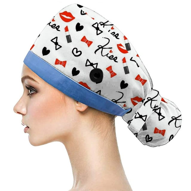 Scrub Cap With Buttons Bouffant Hat With Sweatband for Womens and Mens