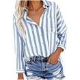 thumbnail image 3 of Qulqfy Women Striped Shirts Cotton Linen Short Sleeve Blue Button Down Shirts Summer Women's Lapel Blouses L, 3 of 6