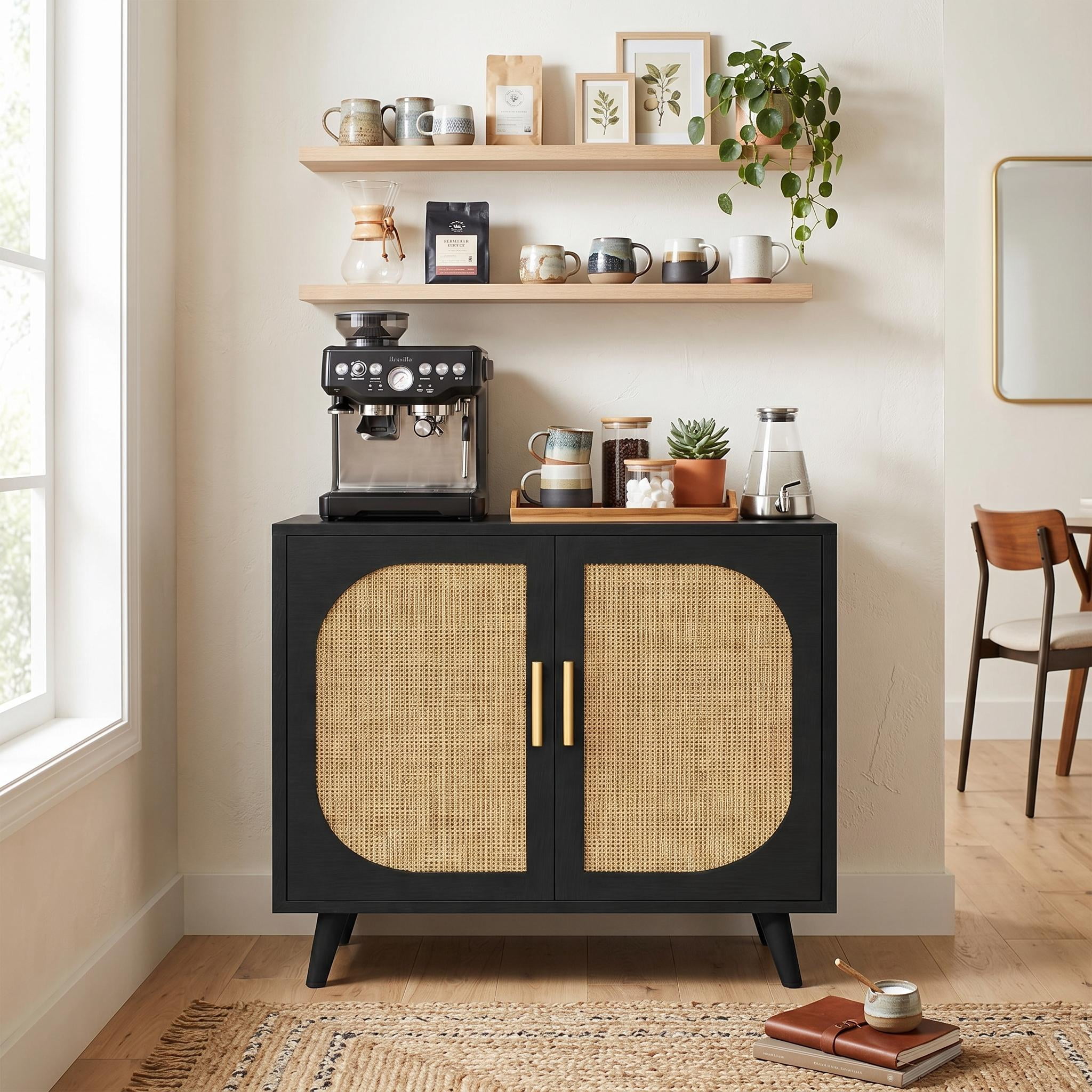 Homy Casa Accent Cabinet, 2-Door Rattan Storage Cabinet with Shelves, Black