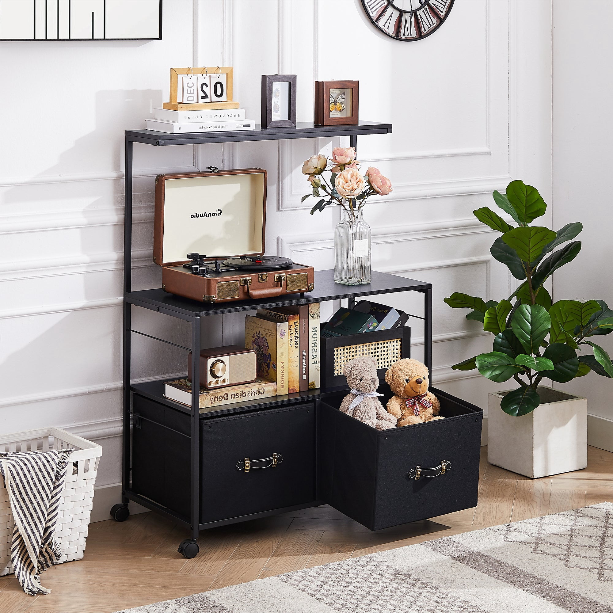 VECELO 2-Drawer Lateral File Cabinet, Rolling Printer Stand with 3 Open Storage Shelf, Fits A4 or Letter Size, with Lockable Casters, for Home Office/Apartment, Black