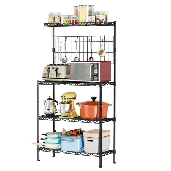 Steel Microwave Rack with Adjustable Shelves & Removable Hooks - Space Saving Kitchen Storage Organizer for Over Counter, Black/Silver