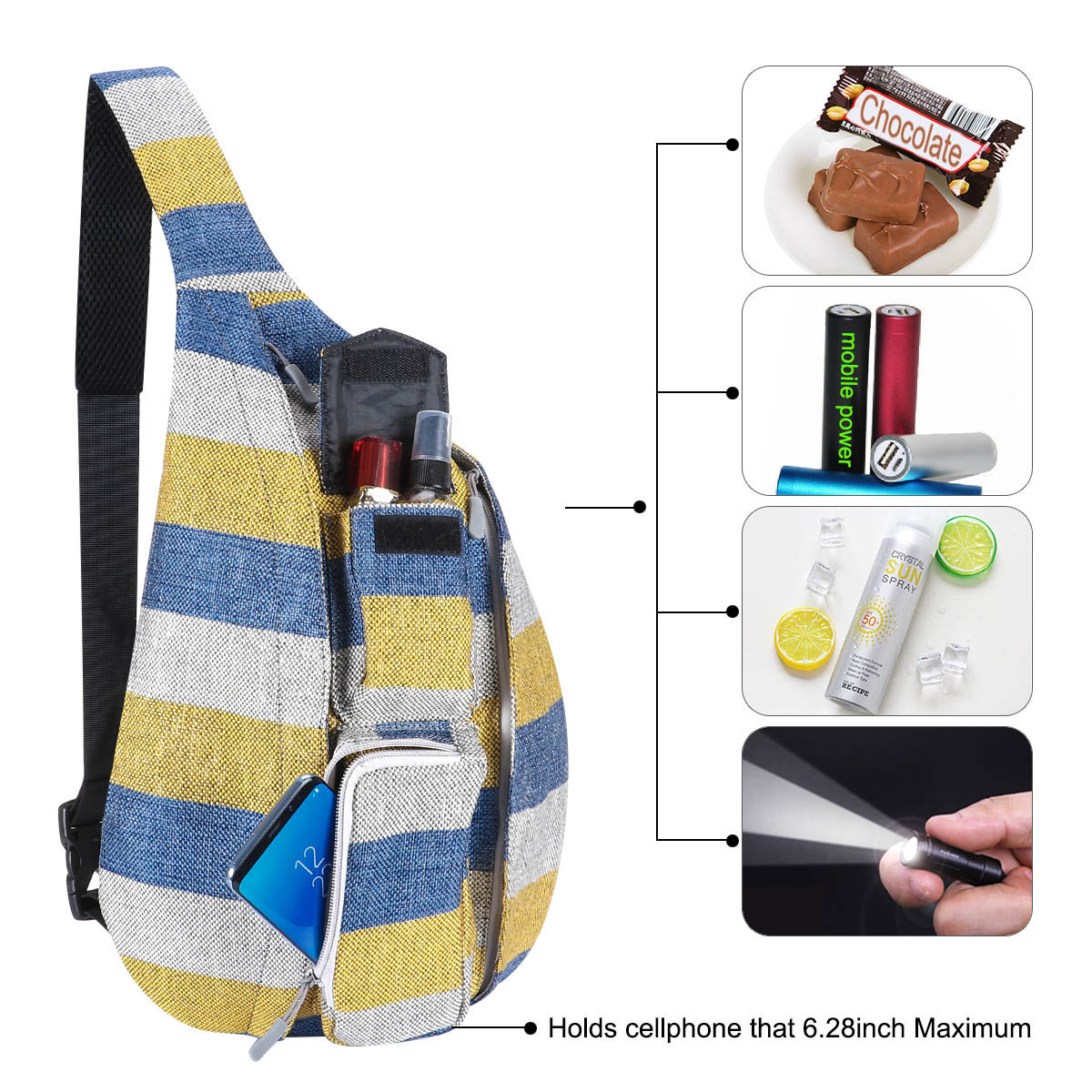 HAWEE Chest Daypack Hiking Backpack Sling Bag Sports Shoulder Travel Crossbody Daypack for Women, Wide Stripes of Yellow/ Blue/Gray - image 3 of 7