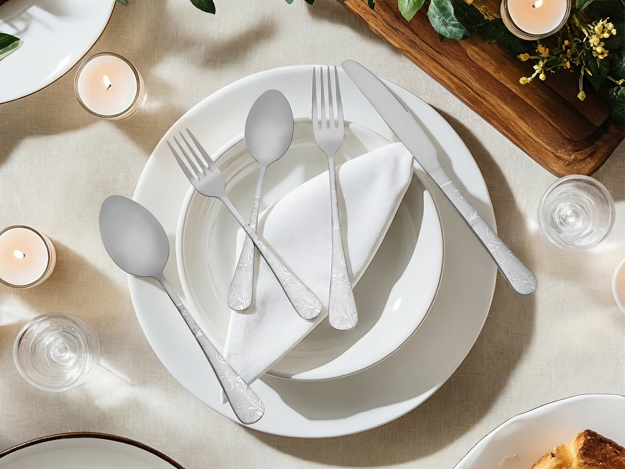 Unique Bargains 20 Piece Stainless Steel Floral Flatware Silverware Set for 4 Silver