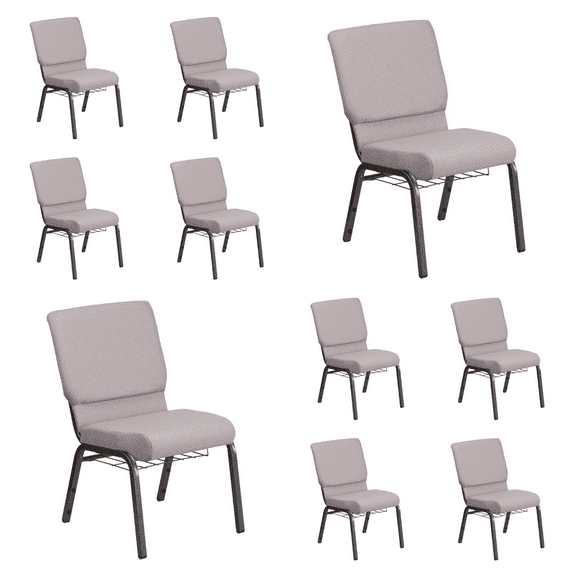 (10 PACK) 18.5'' Wide Gray Dot Fabric Church Chair with Book Rack and Silver Vein Frame - Multipurpose Stackable Office Side Chair