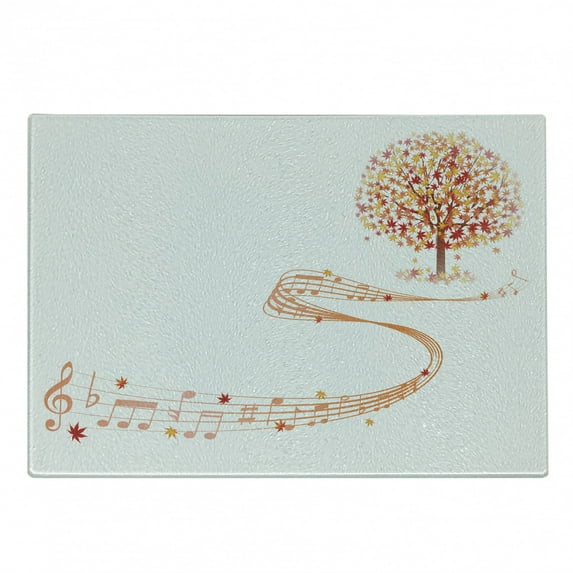 Autumn Cutting Board, Maple Tree in the September with Swirled Music Sheet and Notes Warm Colored Design, Decorative Tempered Glass Cutting and Serving Board, in 3 Sizes, by Ambesonne