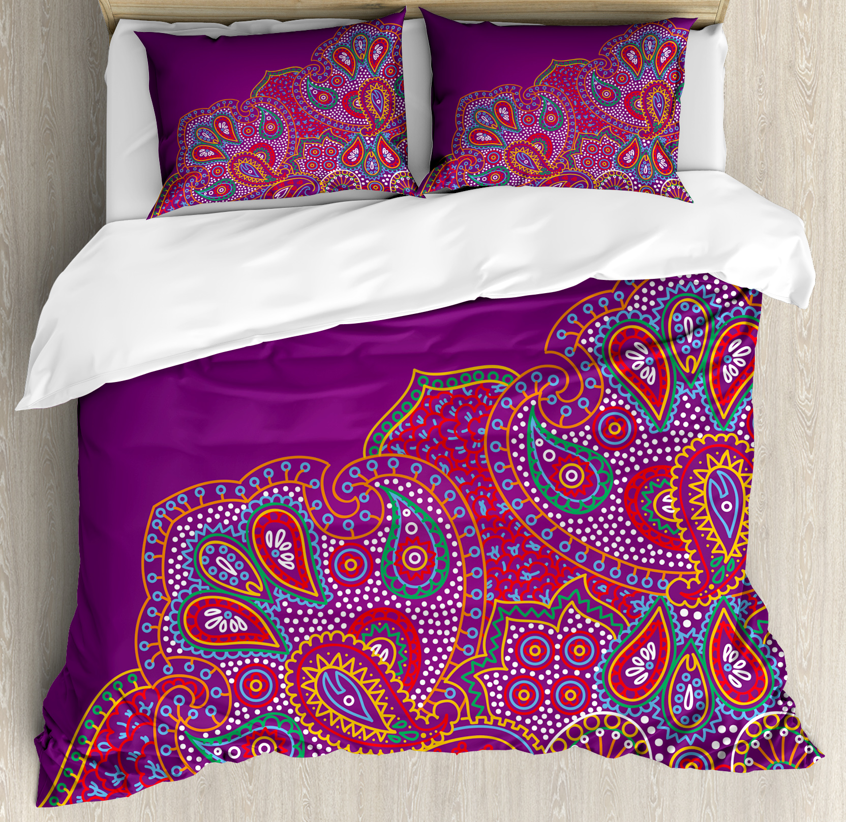 Asian Duvet Cover Set, Traditional Colorful Paisley Corner Authentic