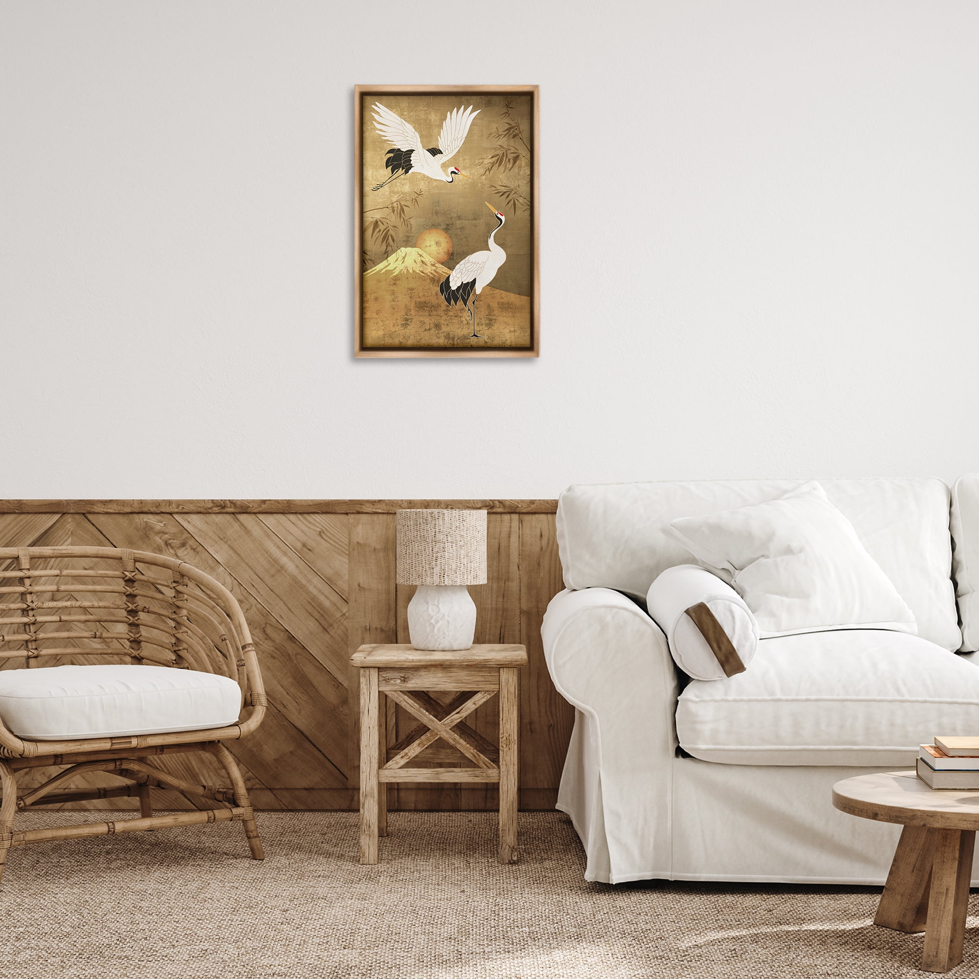 Stupell Industries Traditional Cranes & Mountain Animals Painting Brown Floater Framed Canvas Art Print Wall Art, 17 x 25