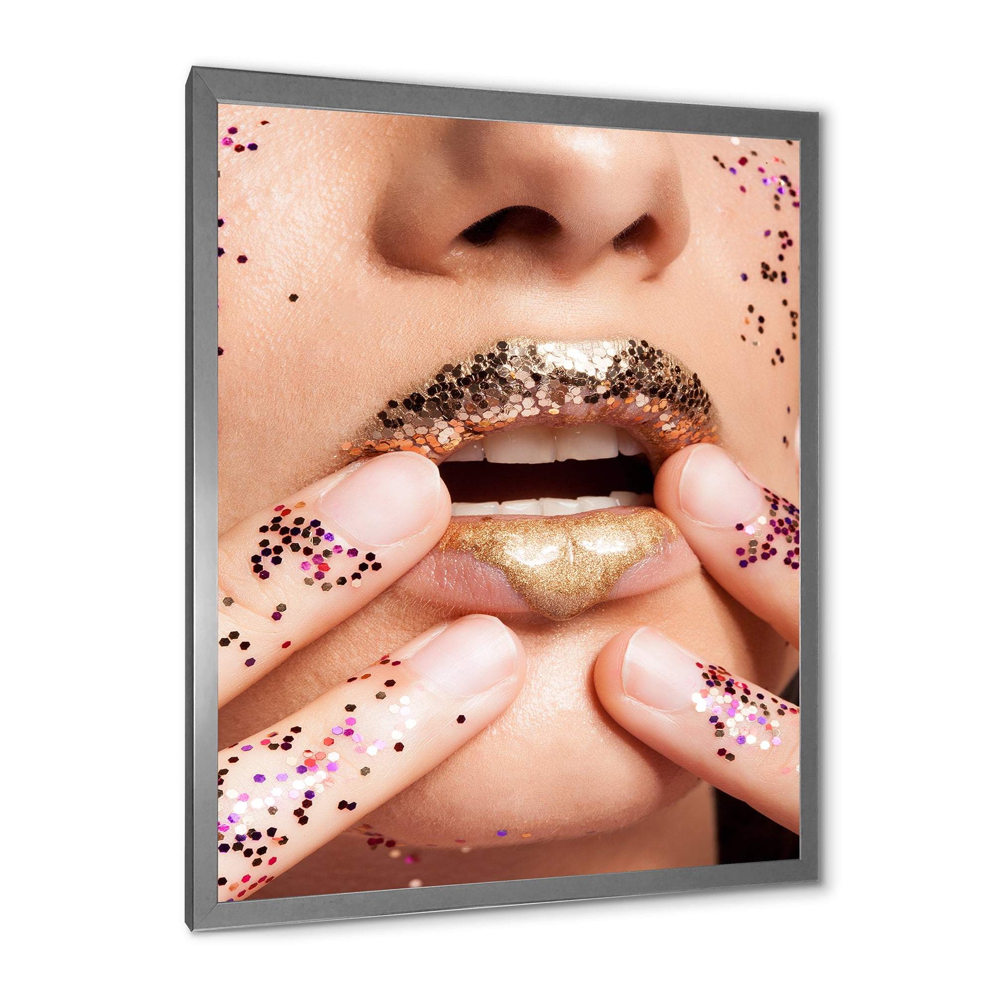 Designart 'Female With Golden Lips and Glitter On Her Hands' Modern Framed Art Print