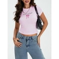 thumbnail image 5 of Biezeib Women's Cap Sleeve Tops Casual Tight Fitted Round Neck Letter Bow Print T-Shirt Tops for Summer, 5 of 6