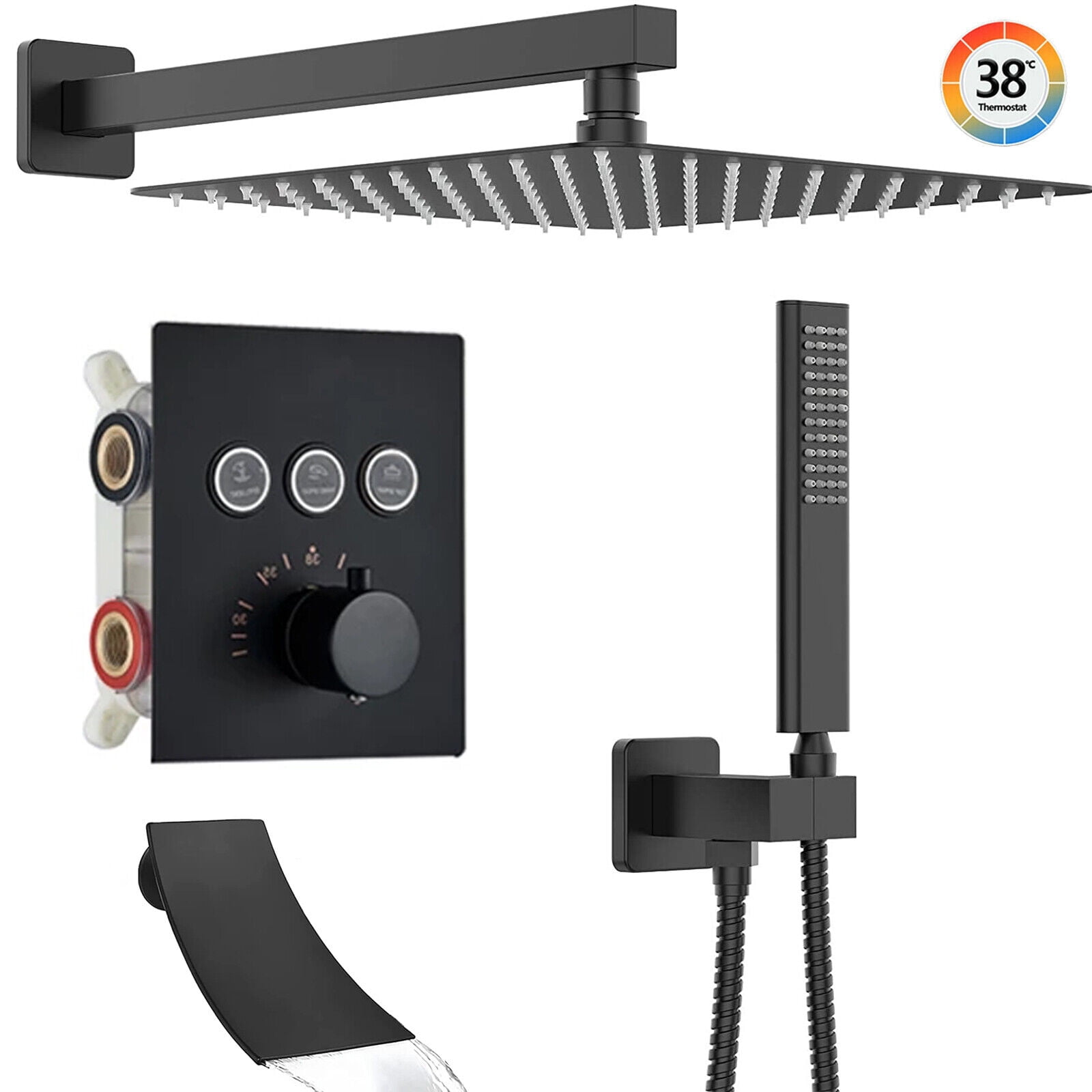 Zovajonia Thermostatic Shower Faucet Set 12" Black Rainfall Shower Head