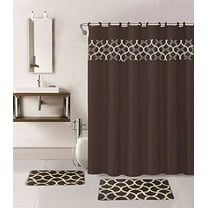 15-piece Hotel Bathroom Sets - 2 Non-Slip Bath Mats 1 Rugs Fabric Shower Curtain 12-Hooks GEOMETRIC BROWN