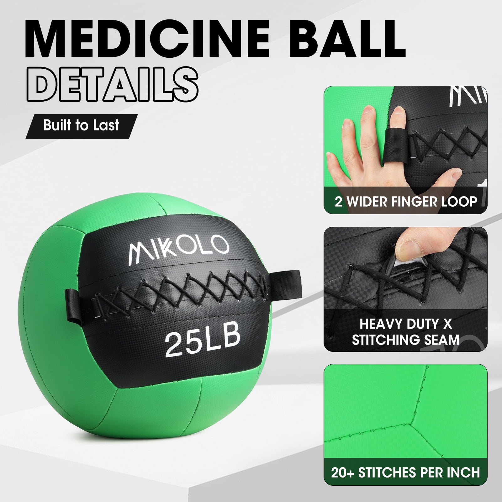 Mikolo Fitness 25LB Wall Ball, Soft Leather Medicine Ball, Green Weighted Wall Ball with Non-Slip Grip, Full Body Dynamic Exercise Med Ball, Core Fitness, Strength Training, Conditioning Workouts