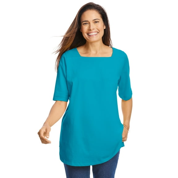 Woman Within Plus Size Perfect Elbow-Sleeve Square-Neck Tee