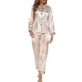 thumbnail image 1 of Women Pajamas Set Long Sleeve Notched Collar Button Down Soft Satin Pjs Sleepwear, 1 of 8