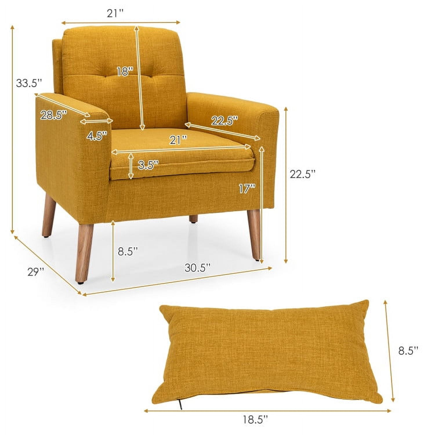 Finihen Upholstered Accent Chair, Modern Comfy Armchair Single Sofa, Linen Fabric Single Sofa Armchair with Waist Pillow, for Living Room, Bedroom, Yellow
