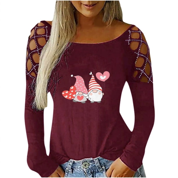 Blusa de manga larga con estampado de día de San Valentín y hombros descubiertos para mujer Fridja hkj1117