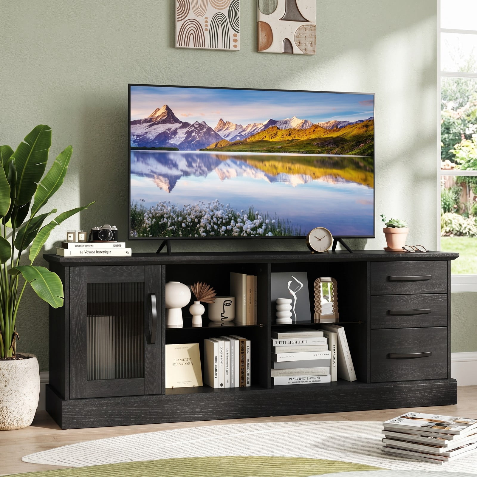 Furnibear 63 Inch Media Console TV Stand for TVs up to 73", Modern Entertainment Center with 3 Drawers, 2 Removable Glass Shelves & Cable Management for Living, Black