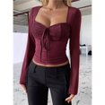 thumbnail image 5 of Women's Long Sleeve V-Neck Lace Top Y2K Hot Girl Style Vest T-Shirt Autumn and Winter Outing Fashion Clothing Deep Red S, 5 of 7
