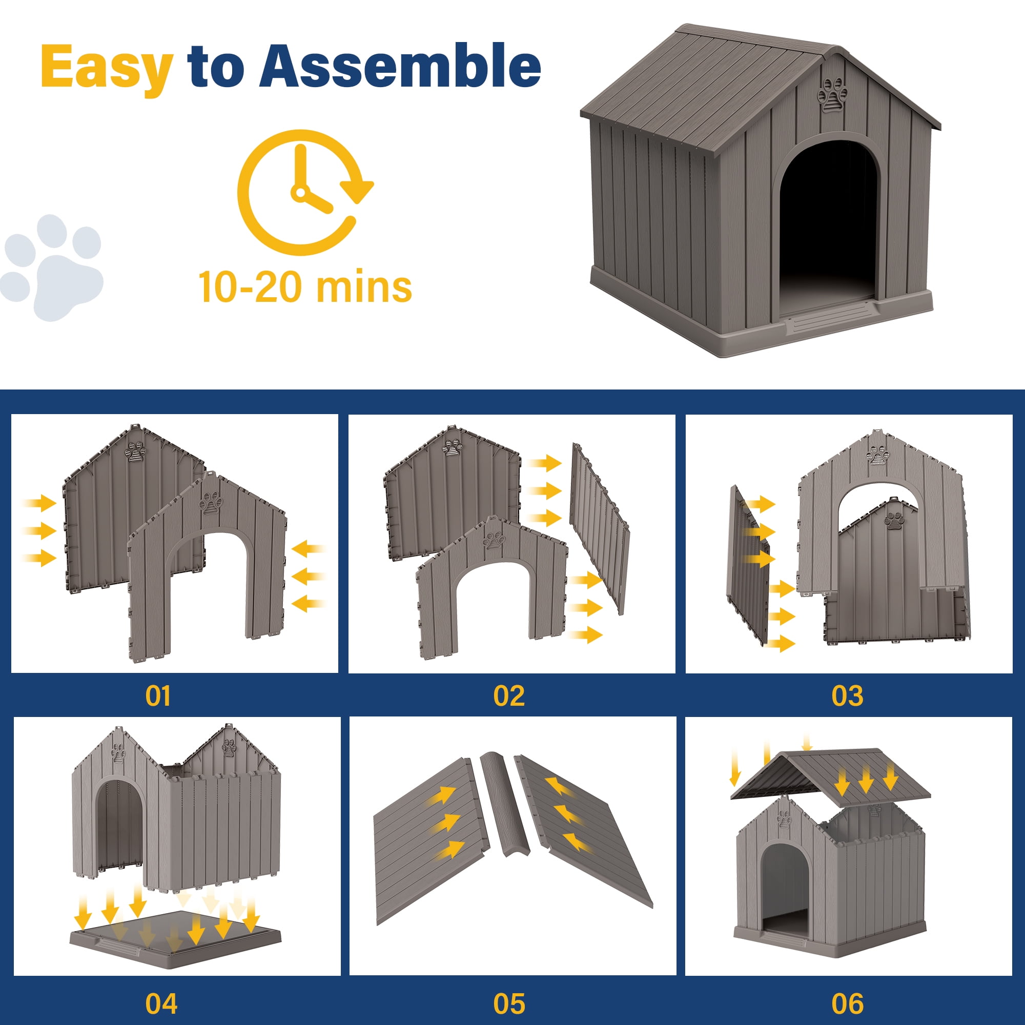 LHBcraft Large Dog House for Medium Large Dogs,Durable PP Waterproof Dog Shelter with Air Vents & Elevated Floor,Easy Clean and Assemble for Outdoor & Indoor,Gray