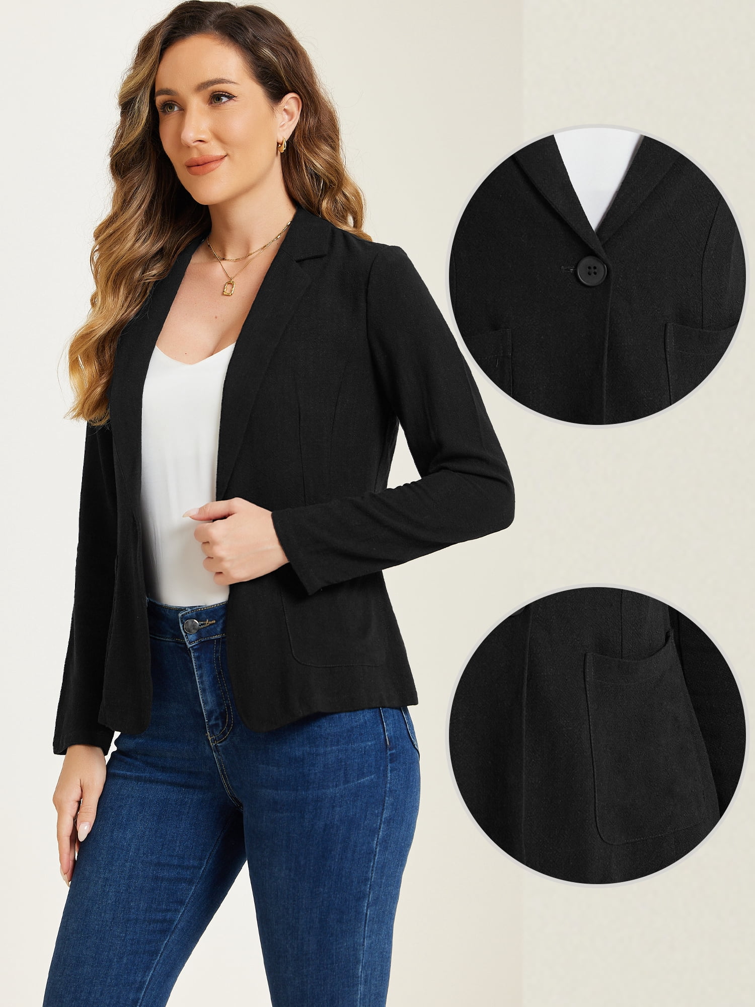 DARING DIVA  Women's Notch Lapel One Button Linen Blazer S Black