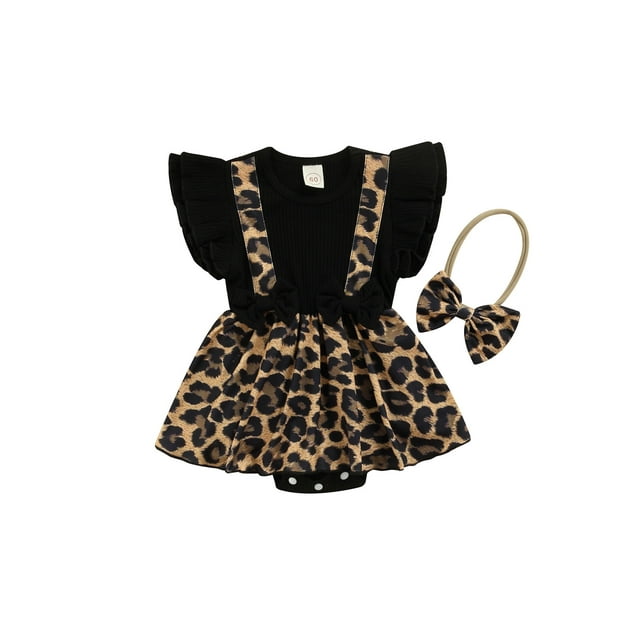 Xingqing Barboteuse Fleurie pour Bébés Filles, Robe Tutu, Justaucorps à Manches à Volants, Combinaison avec Bandeau, Tenues Léopard 0-3 Mois