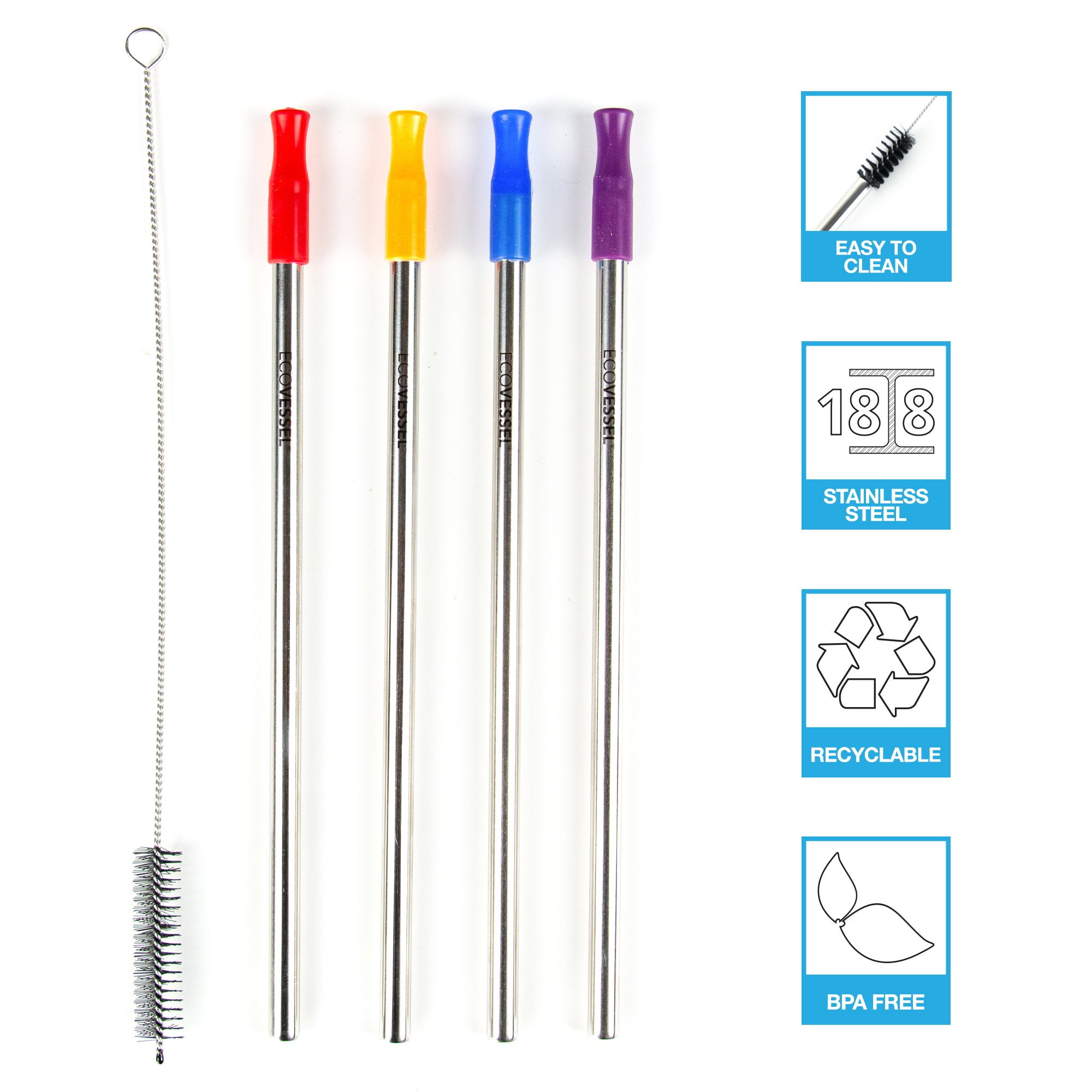 Ecovessel Multi Color Stainless Steel 4 Pack Reusable Metal Straws & Cleaning Brush