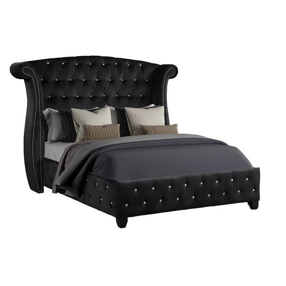 Pemberly Row Upholstery Queen Size Bed Made With Wood in Black Color