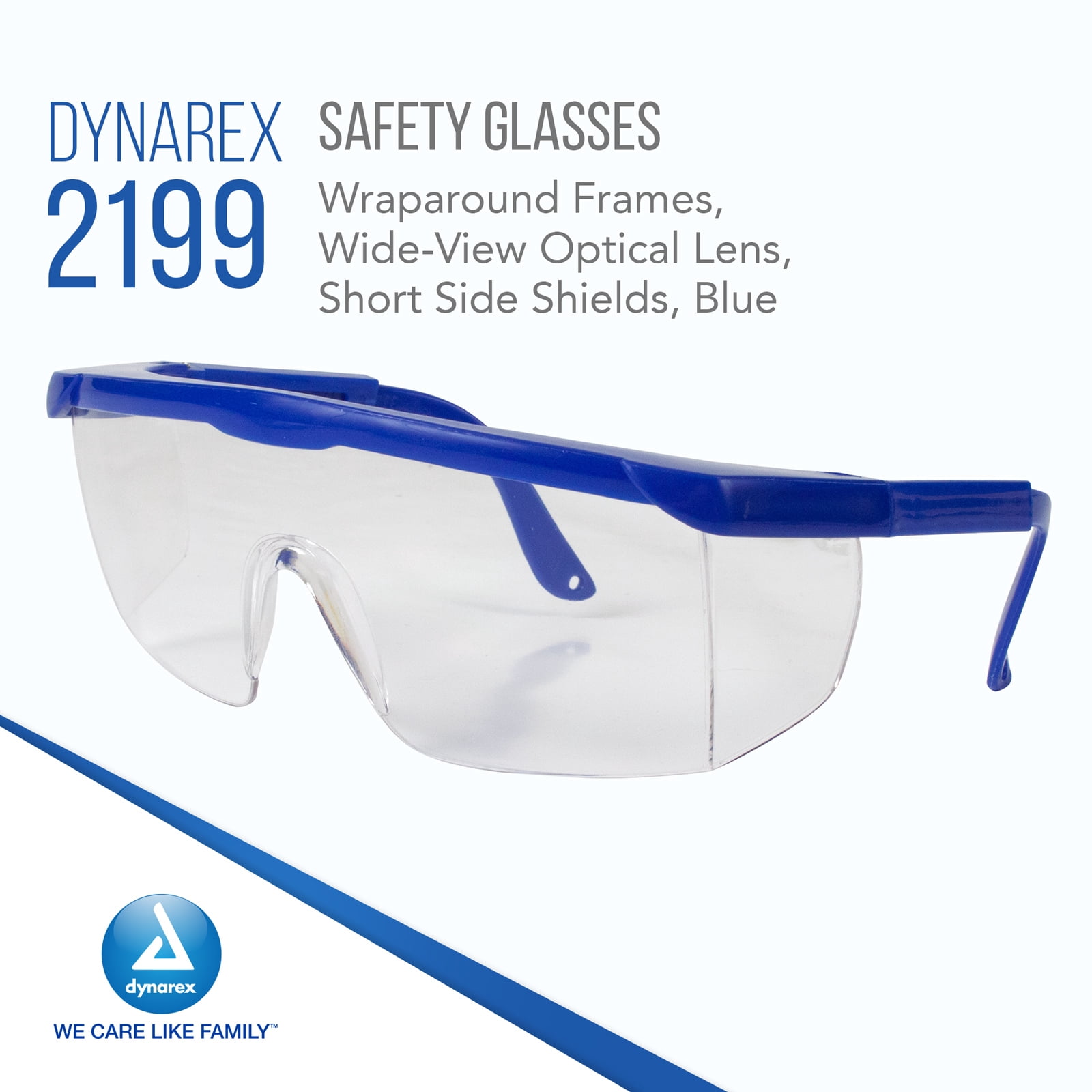 Dynarex Safety Glasses - Eye Protection for Medical, Dental, Lab Use - Shields Eyes From Dust, Chemical & Particles - Wraparound Frames, Wide-View Optical Lens, Short Side Shields - Blue, 50-Count