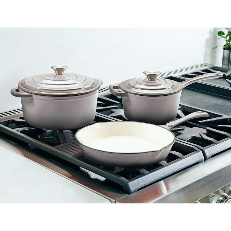 Hamilton Beach Enameled Cast Iron Sauce Pan 2-Quart Gray, Cream Enamel  coating, Pot For Stove top and Oven Cooking, Even Heat Distribution, Safe  Up to