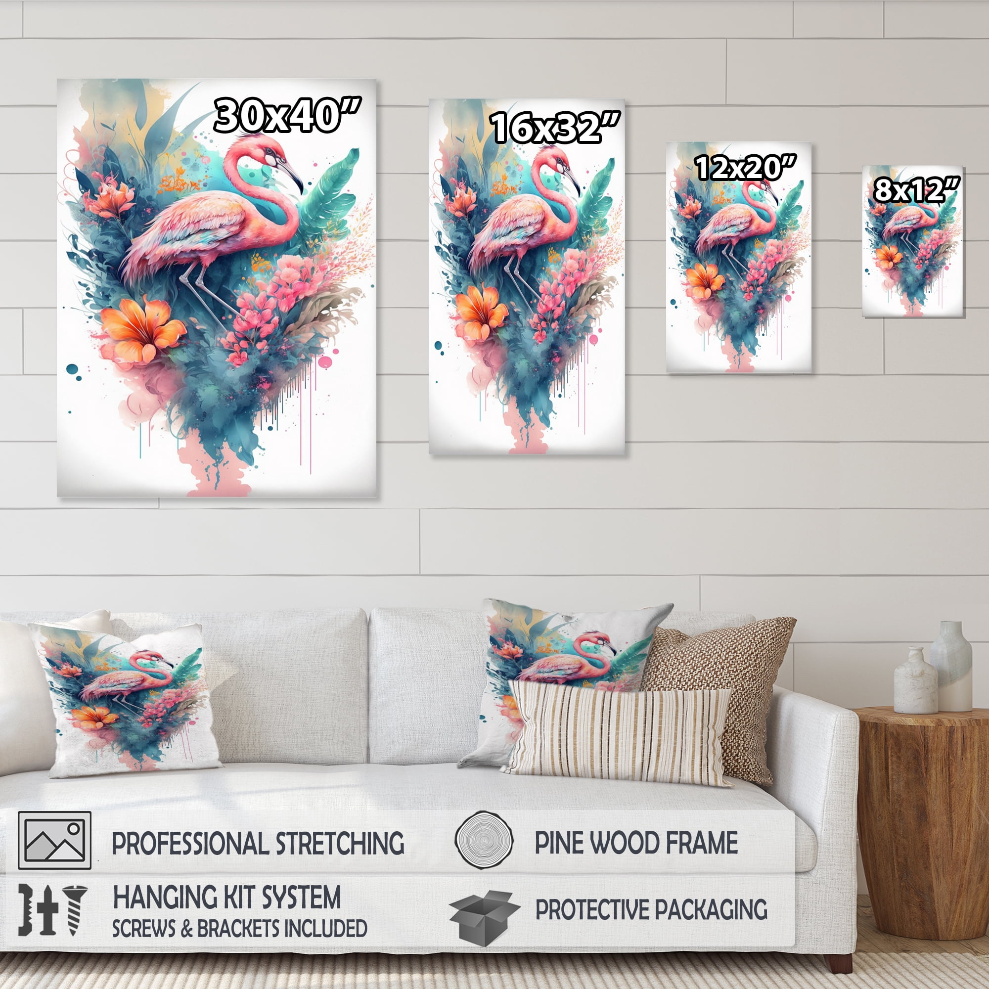 Designart Stunning Flamingo Floral Art V Canvas Wall Art