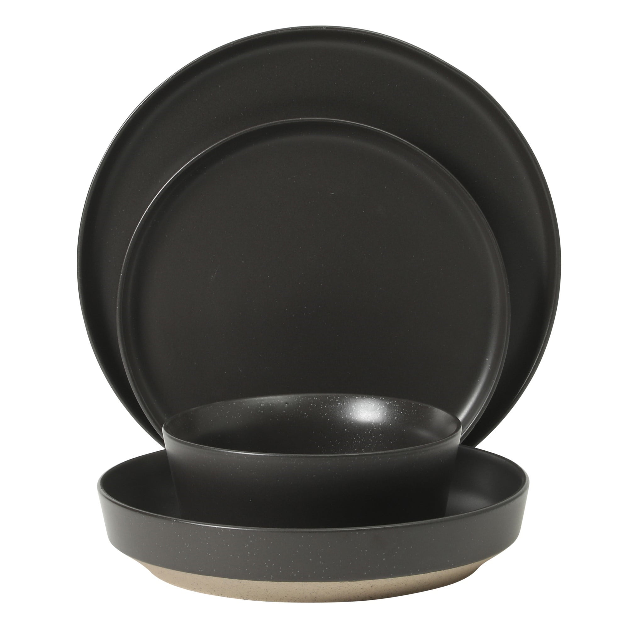 Gibson Elite Overbrook 16-Piece Pottery Clay Stoneware Dinnerware Set – Black Reactive Glaze, Stackable Plates and Bowls W/ Pasta Bowl, Service for 4 – Microwave & Dishwasher Safe