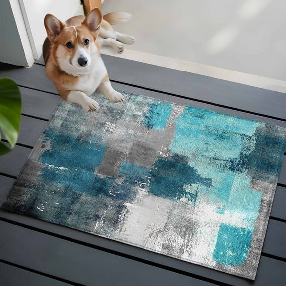 Turquoise Grey Front Door Rugs 2x3 ft Abstract Graffiti Brush Art Modern Small Rug for Entryway Non Slip Washable Bathroom Door Mat Absorbent Floor Mat for Indoor Entrance