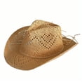 thumbnail image 3 of Jiibva Straw Cowboy Hats for Women, Western Cowgirl Hat Hollow-Out Bucket Hats Holiday Foldable Vacation Beach Sun Hat with Wide Brim Cowgirl Hats Accessories, 3 of 7
