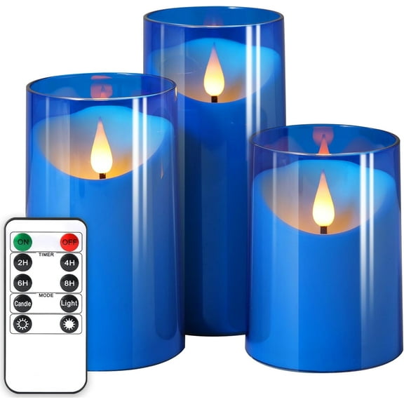 EnjinZZ Flameless Candles: LED Pillar Acrylic Battery Candles with Remote and Timer for Wedding Party Romantic Decor - Pack of 3 Blue