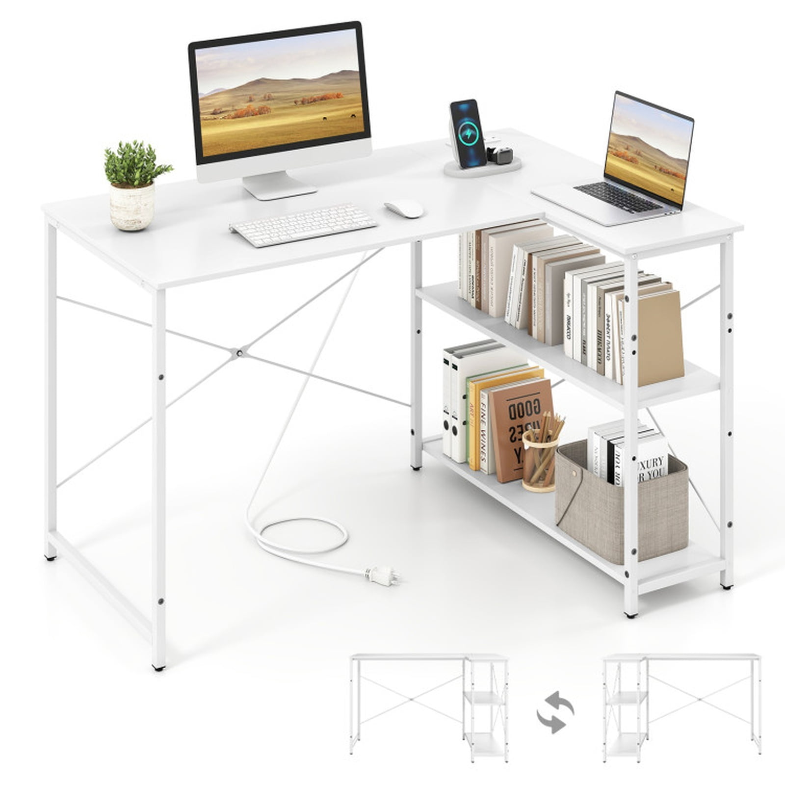Furnibear 47 Inch L Shaped Corner Desk with Charging Station and Reversible Design with Adjustable Storage Shelves and USB Ports, White