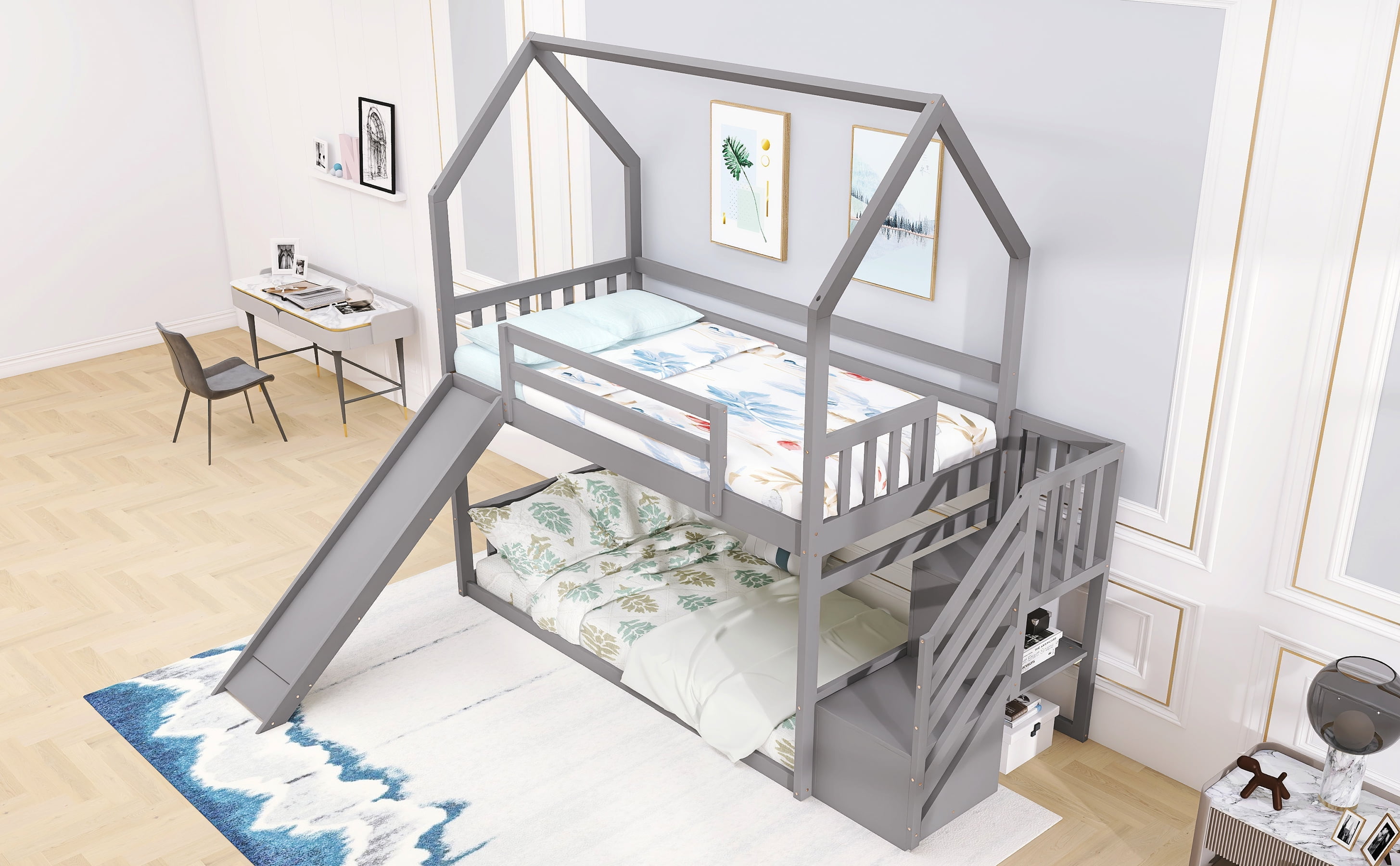 EUROCO Twin House Bunk Bed with Staircase for Kids Teens Bedroom, Solid Wood Bunk Bed with Storage, Gray