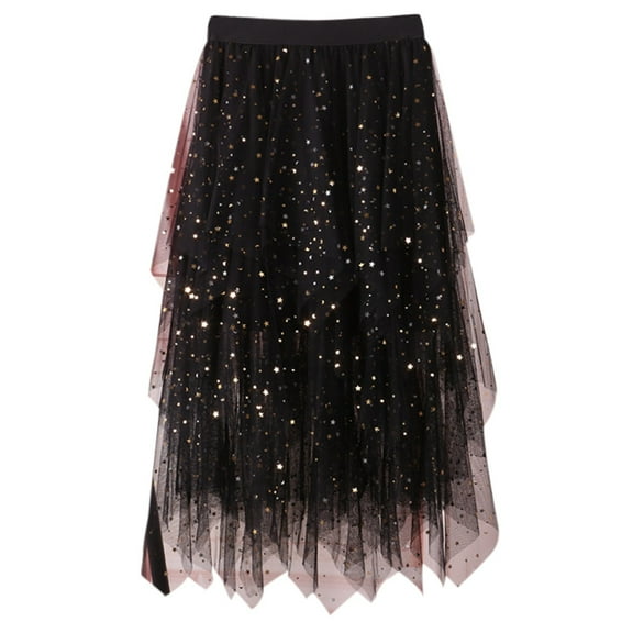 Riforla Women Casual Elastic High Waist Blingbling Mesh Skirt Tutu Skirt Irregular Hem Skirt Skirts for Women Black One Size
