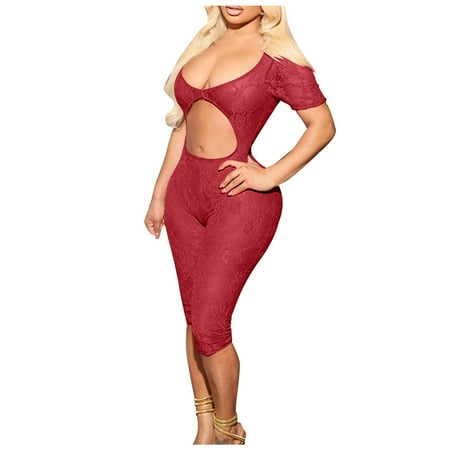 Yuhangmm Women s Sexy Mesh Lace Jumpsuit Bodycon Short Sleeve See Through Backless U Neck Cut Out Club Romper Lingerie for Women Open Crotch