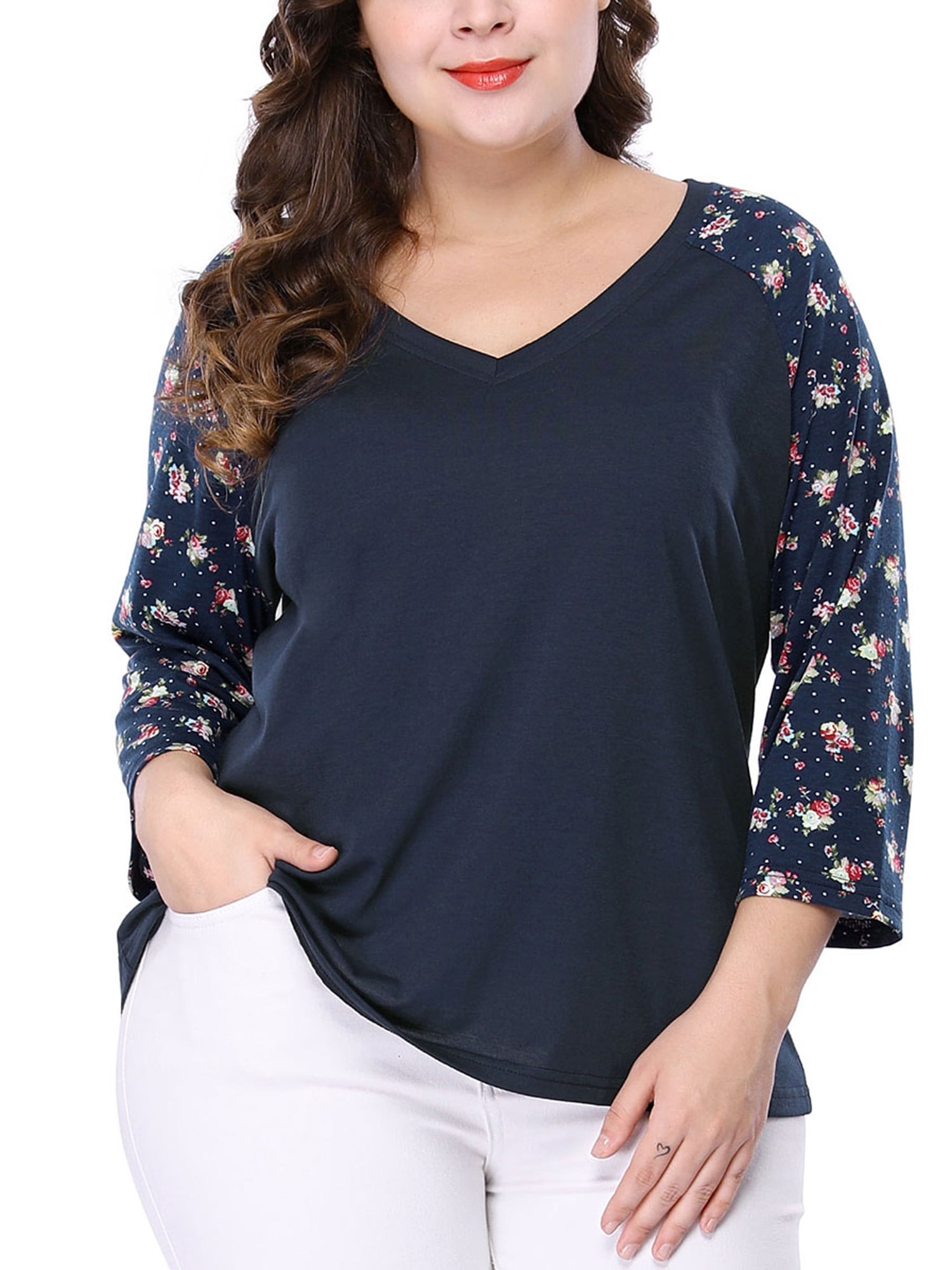 Chicwe Womens Plus Size Raglan Sleeves Floral Printed Top Casual and Work Tunic