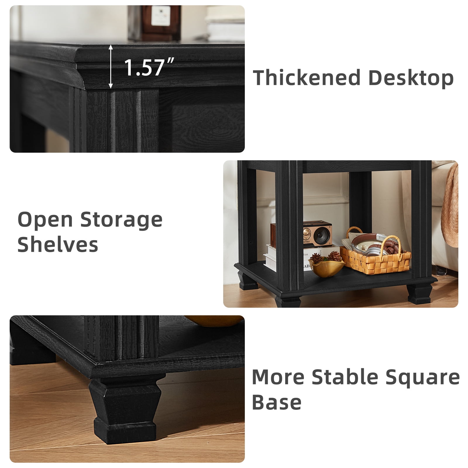 Buildhom Farmhouse End Table, Large 2-Tier Side Table with Storage Shelf, Rustic Brown Square Tea Table for Living Room, Black