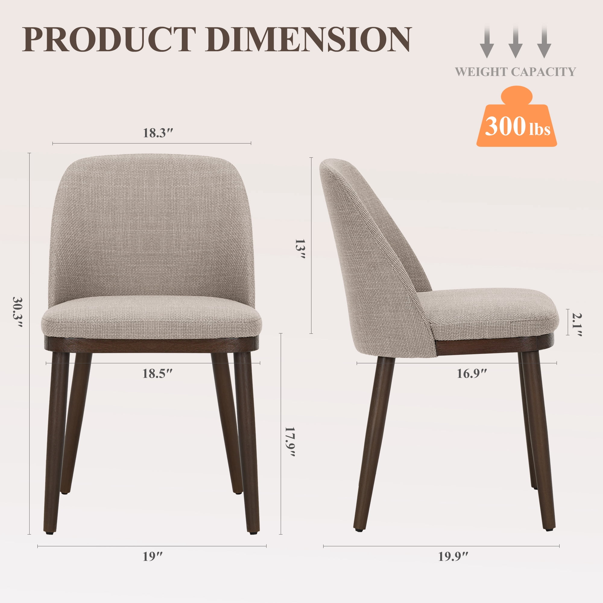 Modern Upholstered Dining Chairs Set of 2 — Fabric Padded Side Chairs with Solid Wood Legs for Kitchens and Dining Rooms, Camel